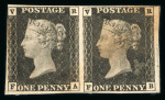 Stamp of Great Britain » 1840 1d Black V. R. Official 1840 V.R. Officials 1d black FA-FB pair, "used" for cancellation trial removal experiments by Rowland Hill