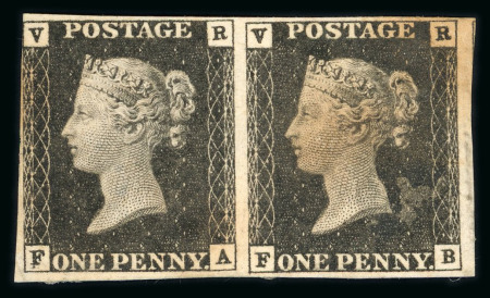 Stamp of Great Britain » 1840 1d Black V. R. Official 1840 V.R. Officials 1d black FA-FB pair, "used" for cancellation trial removal experiments by Rowland Hill