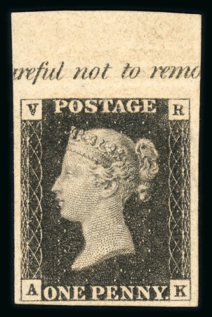 Stamp of Great Britain » 1840 1d Black V. R. Official 1840 VR Official 1d black AK, a magnificent mint example from the top of the sheet with part inscription