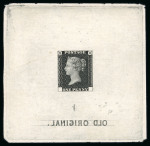 Stamp of Great Britain » Line Engraved Essays, Plate Proofs, Colour Trials and Reprints 1860-71 proof for 1d black on paper (62 x 65mm) engraved " 1 / OLD ORIGINAL' (in reverse)