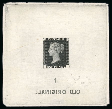 Stamp of Great Britain » Line Engraved Essays, Plate Proofs, Colour Trials and Reprints 1860-71 proof for 1d black on paper (62 x 65mm) engraved " 1 / OLD ORIGINAL' (in reverse)