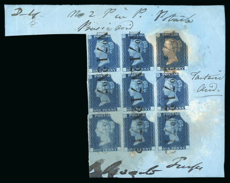 Stamp of Great Britain » Line Engraved Essays, Plate Proofs, Colour Trials and Reprints 1840 "Rainbow" Colour Trials: Second trial plate state 3 in blue, a part sheet of nine