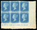 Stamp of Great Britain » 1841 2d Blue 1841 2d blue pl. 3 SJ-TL mint marginal inscriptional block of six from the lower right of the sheet