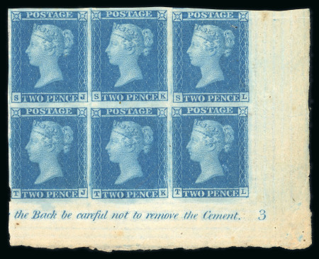 Stamp of Great Britain » 1841 2d Blue 1841 2d blue pl. 3 SJ-TL mint marginal inscriptional block of six from the lower right of the sheet