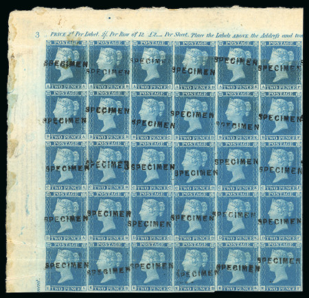 Stamp of Great Britain » 1841 2d Blue 1841 2d blue pl.3 AA-EF mint marginal inscriptional block of 30 with SPECIMEN ovpt