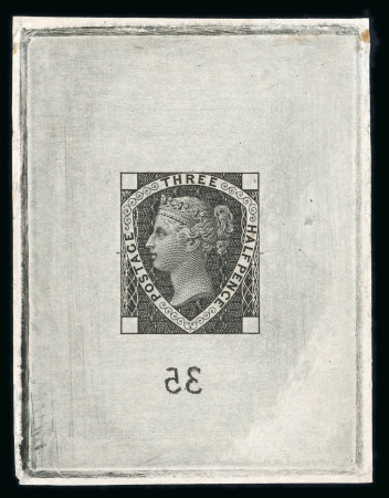 Stamp of Great Britain » Line Engraved Essays, Plate Proofs, Colour Trials and Reprints 1871 (February) 1 1/2d Ormond hill die proof in black on thin white paper on card