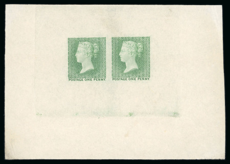Stamp of Great Britain » Line Engraved Essays, Plate Proofs, Colour Trials and Reprints 1935 reprint of the first (rejected) die of the One Penny stamp in a pair in yellow-green