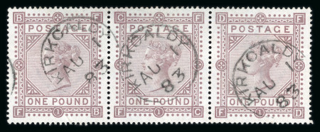 Stamp of Great Britain » 1855-1900 Surface Printed » 1867-83 High Values 1882 £1 brown-lilac pl.1 FB-FD horizontal used strip of three