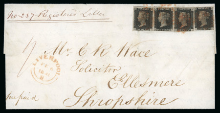 Stamp of Great Britain » 1840 1d Black and 1d Red plates 1a to 11 1841 (6 Feb) entire letter to Shropshire endorsed "No 257 Registered Letter" bearing four 1840 1d. blacks