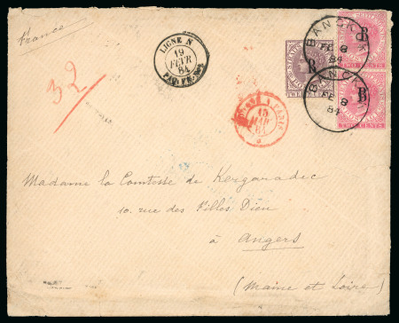 Stamp of British P.O. in Siam (Bangkok) » Covers 1884 (Feb 8) Envelope with 1882-85 2c rose vertical pair and 12c purple-brown