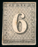 Stamp of Switzerland / Schweiz » Kantonalmarken » Zürich 1846, 6 Rappen schwarz, mit waagerechten roten Untergrundlinien,