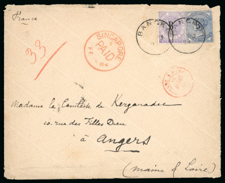 Stamp of British P.O. in Siam (Bangkok) » Covers 1884 (Feb 23) Envelope with 1882-85 6c lilac and 10c slate, tied by two strikes of the "BANGKOK/FE.23.84" cds