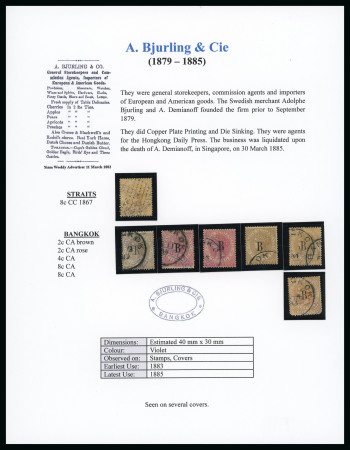Stamp of British P.O. in Siam (Bangkok) » Cancellations » Company Cachets A. Bjurling & Cie. : 1882-85 CC 8c orange, CA 2c rose,