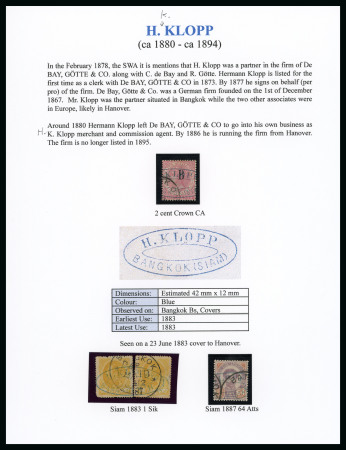 Stamp of British P.O. in Siam (Bangkok) » Cancellations » Company Cachets H. Klopp : 1882-85 CA 2c rose, 4c pale brown (2), 8c