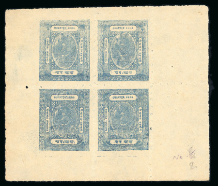 Stamp of Indian States » Barwani 1922 1/4a deep grey-blue (clear impression) on soft medium wove paper in complete sheetlet of four, unused