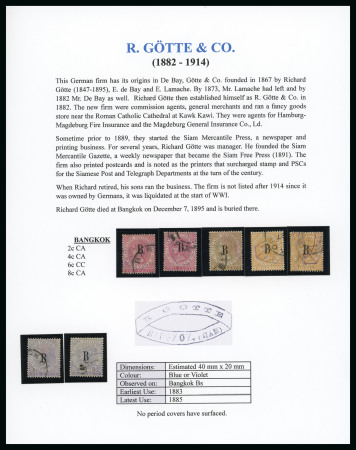Stamp of British P.O. in Siam (Bangkok) » Cancellations » Company Cachets R. Götte & Co.: 1882-85 CC 6c lilac (2), CA 2c rose