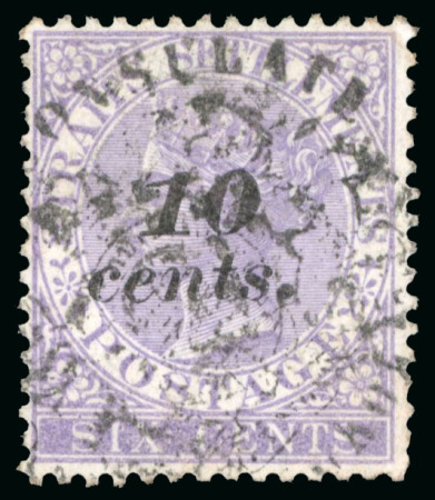Stamp of British P.O. in Siam (Bangkok) » Cancellations » Consular Cachets British Consulate: Strait Settlements 1882 CC "10 cents." on 6c lilac with oval "BRITISH CONSULATE BANGKOK"