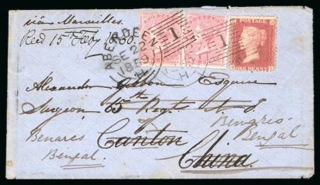 Stamp of Great Britain » 1854-1900 Postal History of the Perforated Line Engraved and Surface Printed Issues 1859 Military letter to Canton, China, bearing two 1855 4d plus 1d 'star' for the 9d rate, tied by "1" duplexes of Aberdeen.