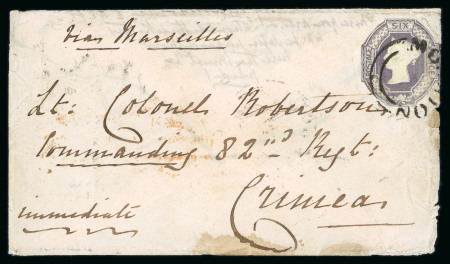 Stamp of Great Britain » 1847-54 Embossed 1855 6d embossed (cut to shape) on entire to Lt. Colonel Robertson, 82nd Regt, Crimea