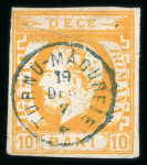 Stamp of Romania » King Carol 1871 - "With Beard" Imperforate 10 bani yellow-orange, five singles, each bearing superb