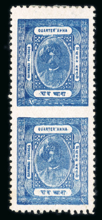 Stamp of Indian States » Barwani 1928-32 1/4a deep dull blue perf.11 on thick glazed paper with variety imperf. between in unused vertical pair