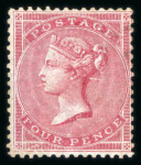 Stamp of Great Britain » 1855-1900 Surface Printed » 1855-57 No Corner Letters 1855-57 wmk small garter 4d carmine, paper slightly blued, unused