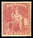 Stamp of Barbados 1858 no wmk 6d pale rose-red, good to very good margins, mint o.g.