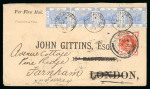Stamp of Hong Kong » British Post Offices in China 1899 (May 7) envelope from Foochow to England with 1882-96 5c blue vert. strip of four tied by Foochowfoo cds, redirected with GB stamp