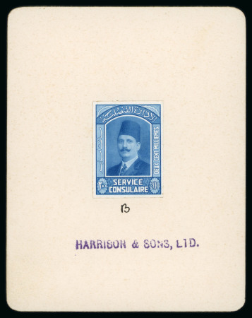 Stamp of Egypt » 1922-1936 King Fouad I Definitives » Essays Essay by Harrison & Sons of London for the Consular Service. An imperforate stamp depicting King Fouad with a value of 200m., affixed on gold-edged card handstamped in purple, and the letter B, wonderful, attractive and 