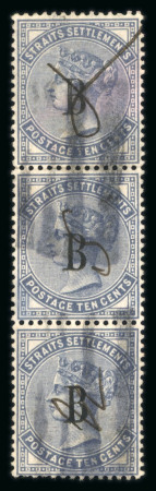 Stamp of British P.O. in Siam (Bangkok) » Cancellations Four-Bar: 1882-85 CA 10c slate, vertical strip of three,