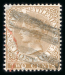 Stamp of British P.O. in Siam (Bangkok) » Cancellations Four-Bar: Strait Settlements 1882 CA 2c brown, cancelled