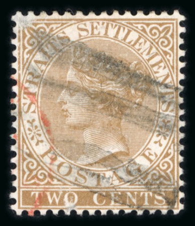 Stamp of British P.O. in Siam (Bangkok) » Cancellations Four-Bar: Strait Settlements 1882 CA 2c brown, cancelled