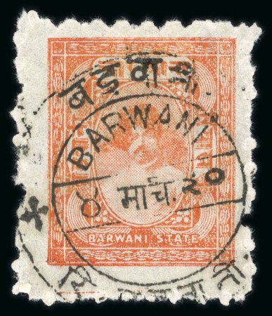 Stamp of Indian States » Barwani 1927 4a orange-brown perf.7 used with clear Barwani cds