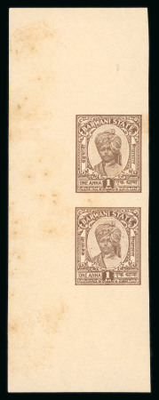 Stamp of Indian States » Barwani 1932-47 wide setting 1a brown imperf. plate proof on gummed paper in vertical pair