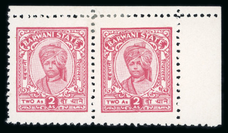 Stamp of Indian States » Barwani 1932-47 wide setting 2a rose-carmine mint h.r. pair from the top right corner of the sheetlet