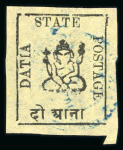 Stamp of Indian States » Duttia 1897 1/2a black on green unused, 2a black on yellow with four unused singles and 4a black on rose unused strip of four and single