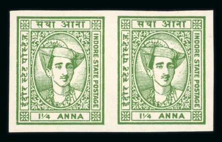 Stamp of Indian States » Indore 1940-46 1 1/4a yellow-green, unused, imperforate horizontal