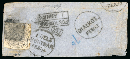 Stamp of Indian States » Jammu & Kashmir 1877-78 European Laid Paper 1/2a black, just cut into, on reverse of small native envelope