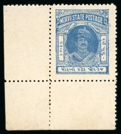 Stamp of Indian States » Morvi 1931 3p dull blue error of colour printed on the gummed side in lower left corner marginal