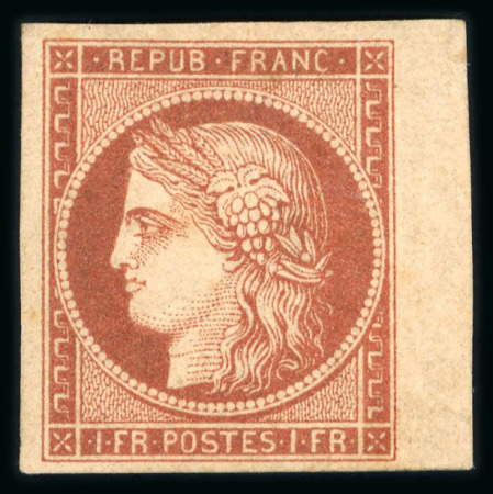 Stamp of France » Type Cérès de 1849-1850 1849, Cérès 1F vermillon foncé, neuf avec restant de gomme d’origine, très belles marges et bord de feuille à droite