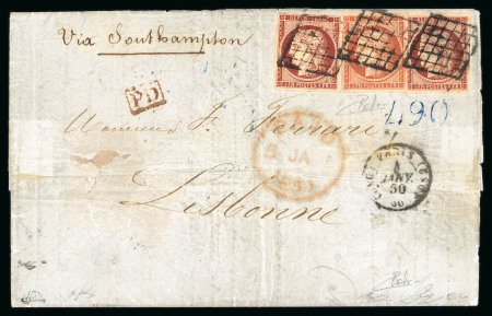 Stamp of France » Type Cérès de 1849-1850 1850, Lettre de Paris pour Portugal affranchie à 3F avec 2 exemplaires du Cérès YT n°6 et un Cérès 1F vermillon n°7