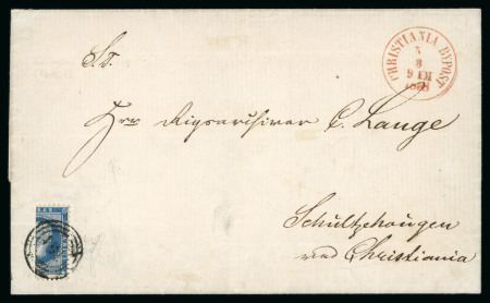 Stamp of Norway » 1856-57 Oscar I 1858 cover sent locally within Christiania, bearing a vertically bisected 1856 Oscar 4 skilling blue