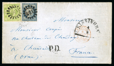 Stamp of German States » Bavaria 1850 France, Ceres 25c light blue used in combination with Bavaria 9kr yellow green on entire letter