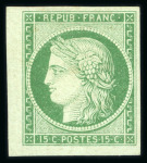 Stamp of France » Type Cérès de 1849-1850 1850, Cérès 15c vert YT n° 2, timbre neuf avec gomme,