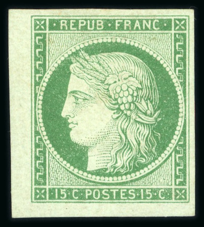 Stamp of France » Type Cérès de 1849-1850 1850, Cérès 15c vert YT n° 2, timbre neuf avec gomme,