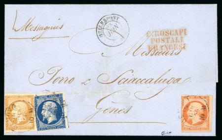 Stamp of France » Empire 1853-1862 1856, Lettre de ? pour Genes (Italie), affranchissement tricolore à 70c avec Napoléon non-dentelés YT n° 13, 14 et 16,