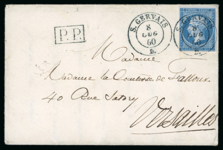 Stamp of France » Empire 1853-1862 1860, Lettre de St Gervais pour Versailles, affranchie avec Napoléon non-dentelé 20c bleu YT n° 14,
