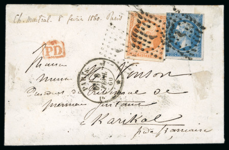 Stamp of France » Empire 1853-1862 1860, Lettre de Paris pour Karikal (Inde), affranchissement à 60c réalisé avec Napoléon 20c bleu YT n° 14