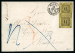 Stamp of German States » Baden 1854 Baden 6kr black and yellow vertical pair, on entire from Basel to Mannheim