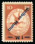 Stamp of Germany » German Empire 1912 Deutsches Reich, airmail Gelber Hund 1mk on 10pfg brown red, with inverted blue overprint